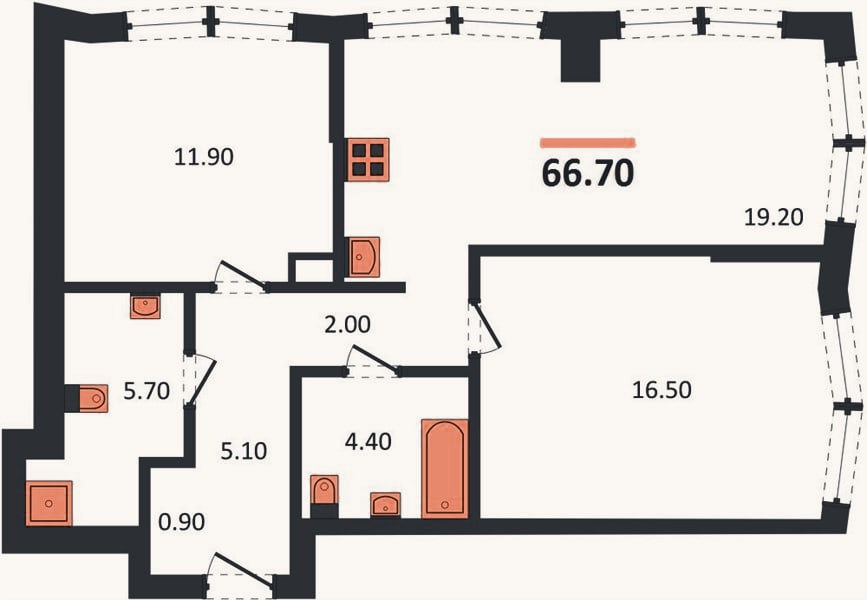 Планировка: 2-к, 66,7 м²