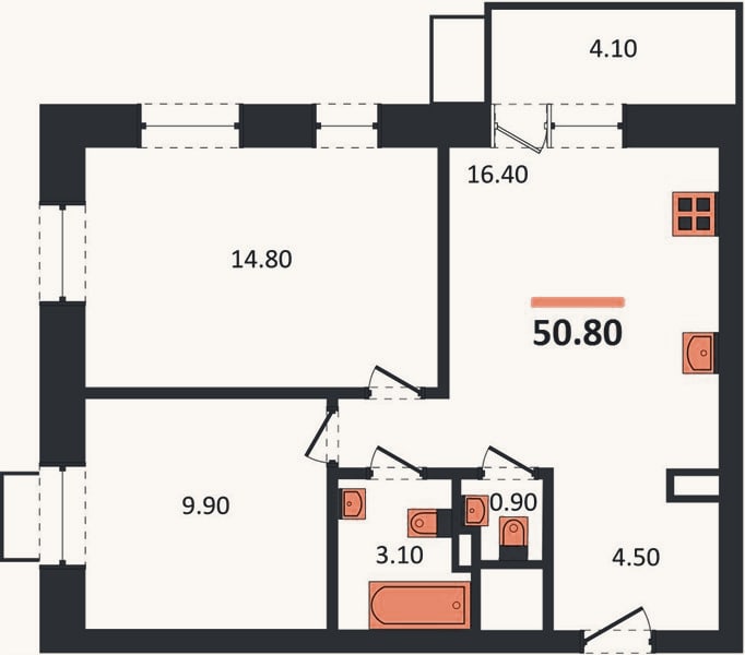 Планировка: 2-к, 50,8 м²