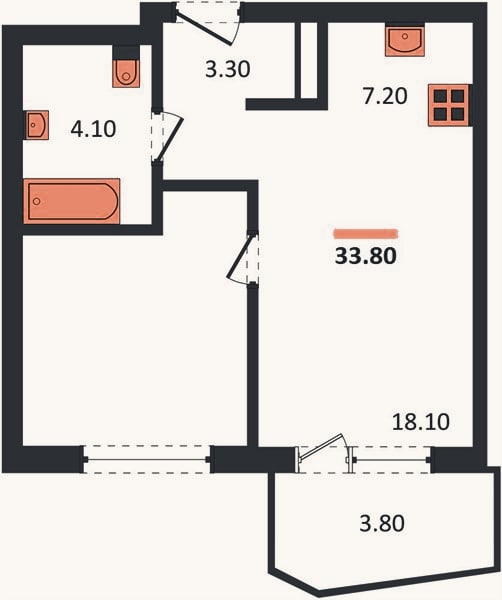 Планировка: 1-к, 33,8 м²