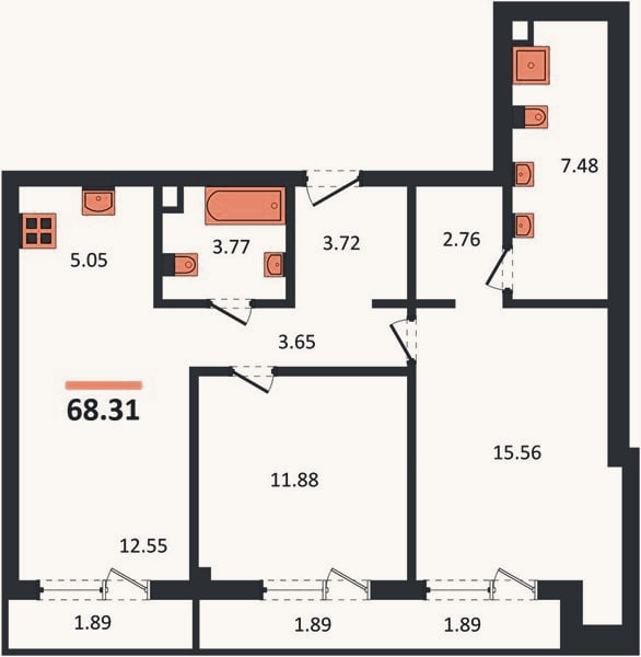 Планировка: 2-к, 68,3 м²