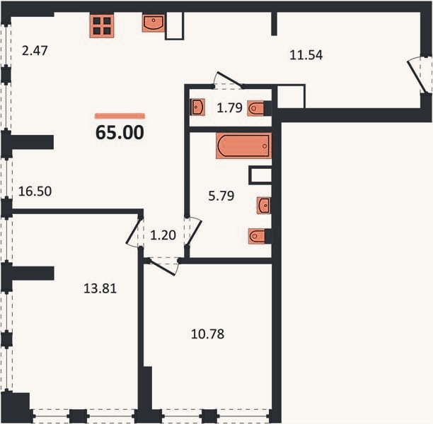 Планировка: 2-к, 64,9 м²