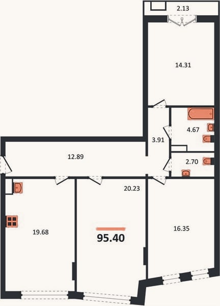 Планировка: 3-к, 95,4 м²