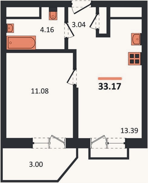 Планировка: 1-к, 33,2 м²