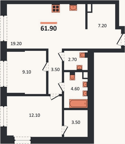 Планировка: 2-к, 61,9 м²