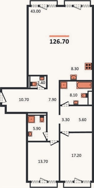 Планировка: 2-к, 126,7 м²