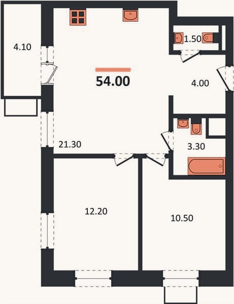 Планировка: 2-к, 54 м²