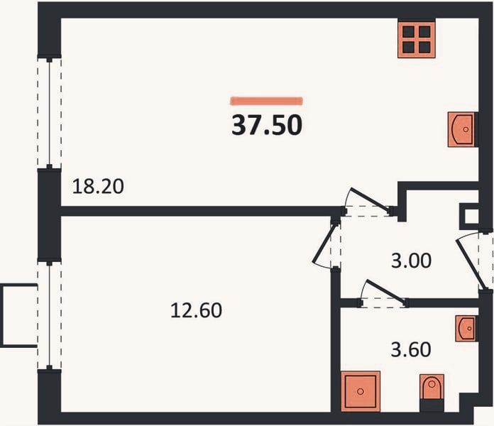 Планировка: 1-к, 37,5 м²
