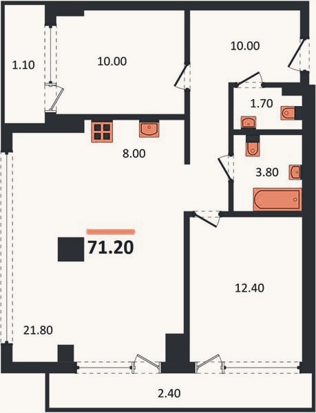Планировка: 2-к, 71,2 м²