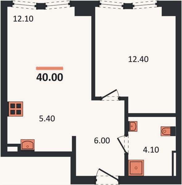 Планировка: 1-к, 40 м²
