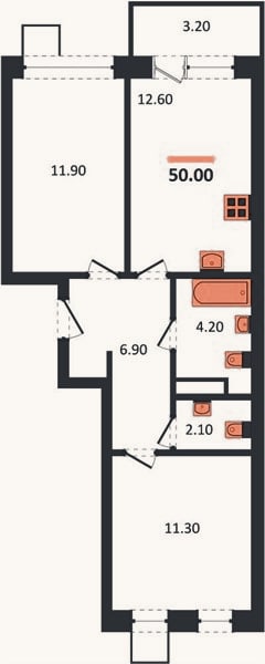 Планировка: 2-к, 50 м²