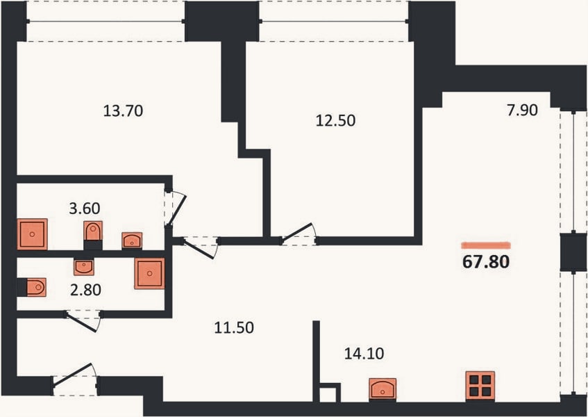 Планировка: 2-к, 67,8 м²