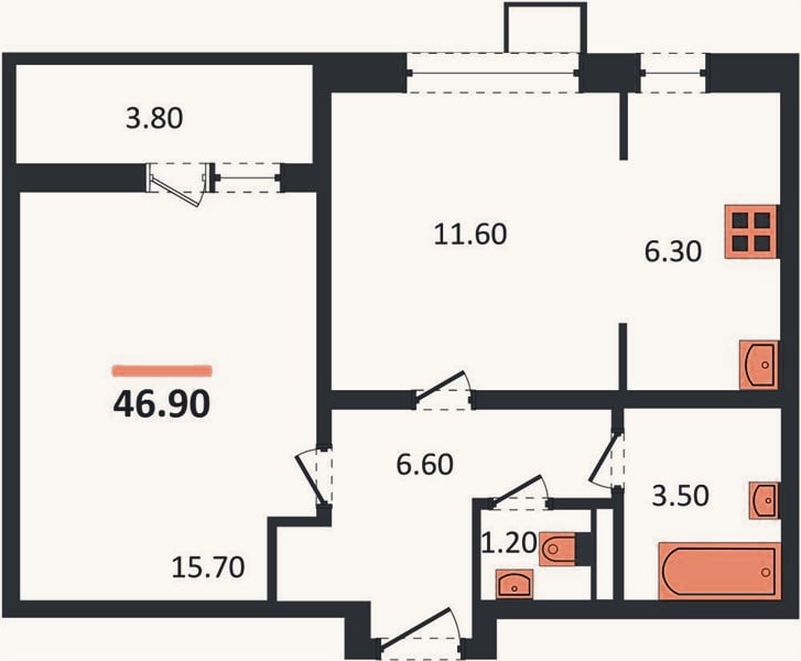 Планировка: 1-к, 46,9 м²