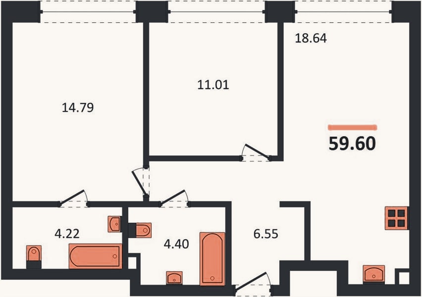 Планировка: 2-к, 59,6 м²