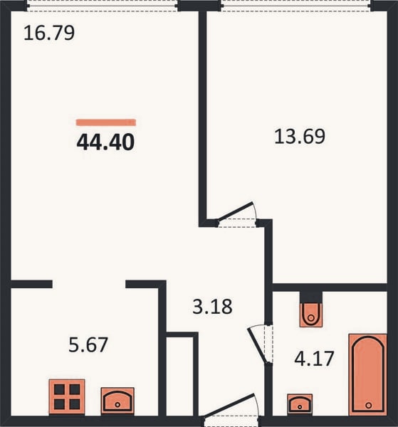 Планировка: 1-к, 44,4 м²