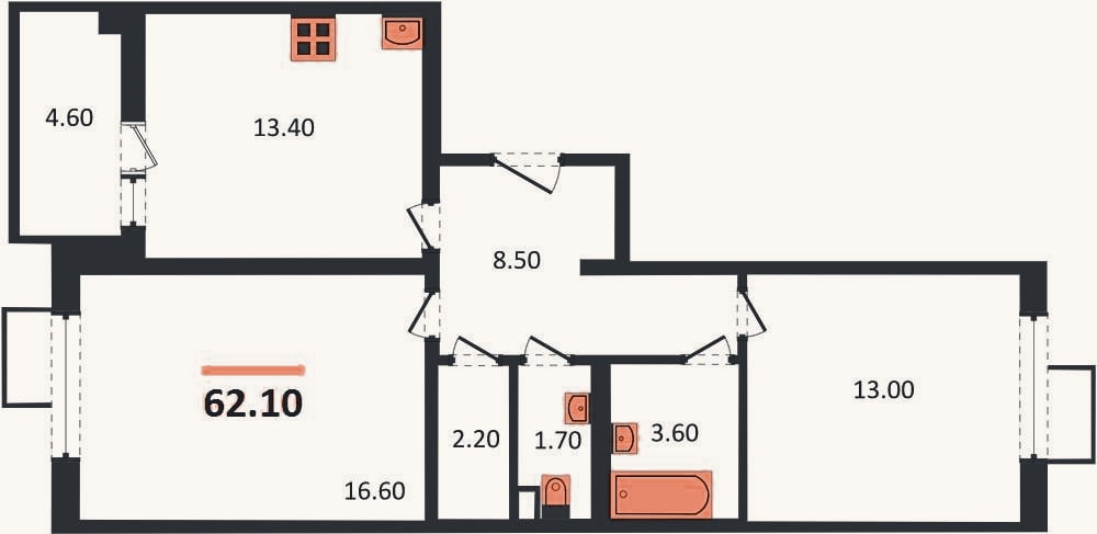 Планировка: 2-к, 62,1 м²