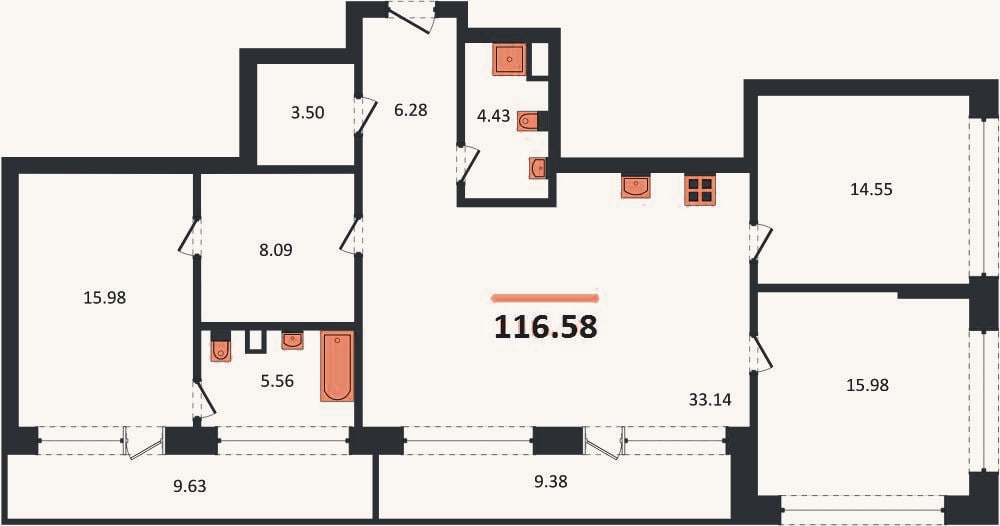 Планировка: 3-к, 116,6 м²