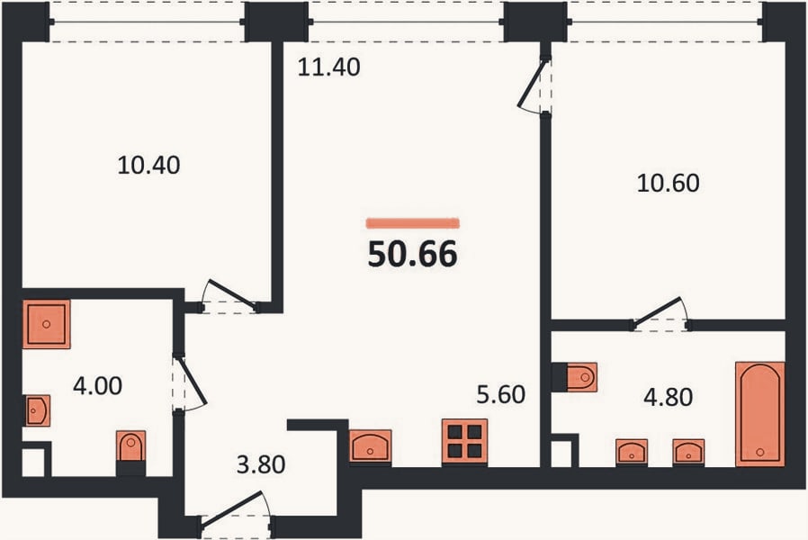 Планировка: 2-к, 50,7 м²