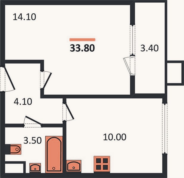 Планировка: 1-к, 33,8 м²