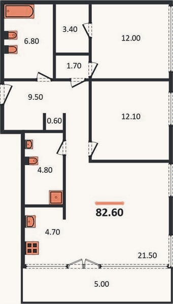 Планировка: 2-к, 82,6 м²