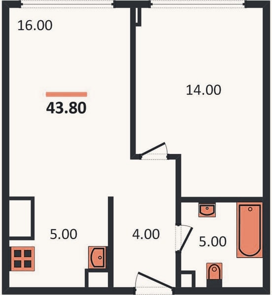 Планировка: 1-к, 43,8 м²