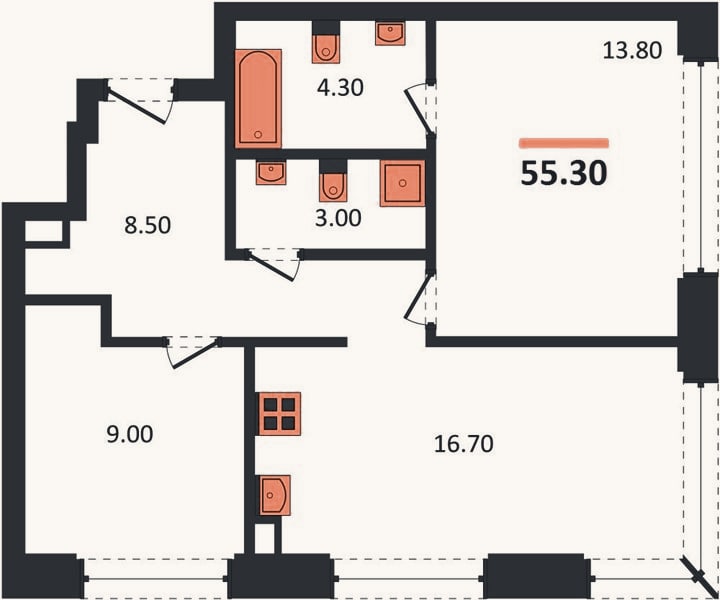 Планировка: 2-к, 55,3 м²