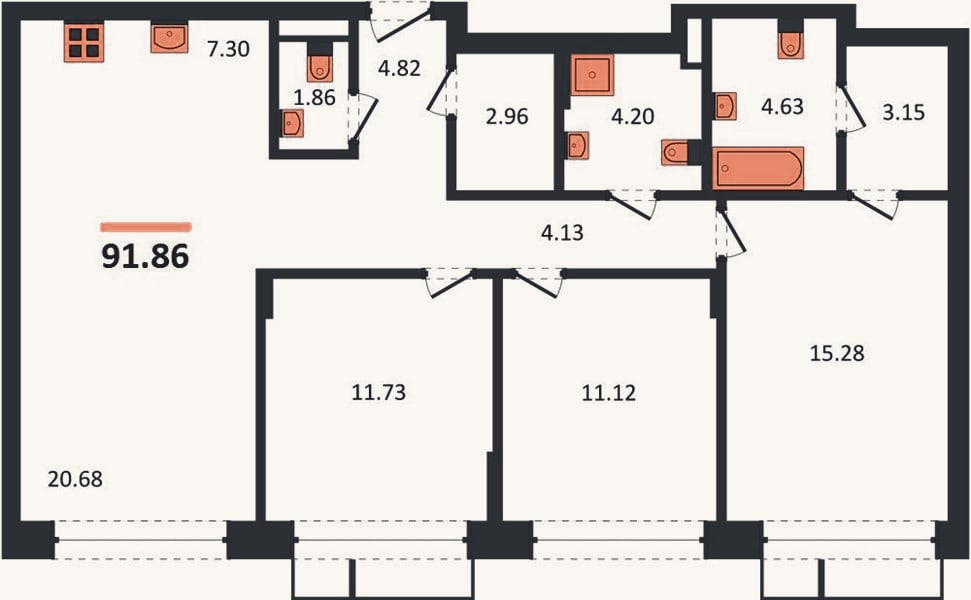 Планировка: 3-к, 91,9 м²