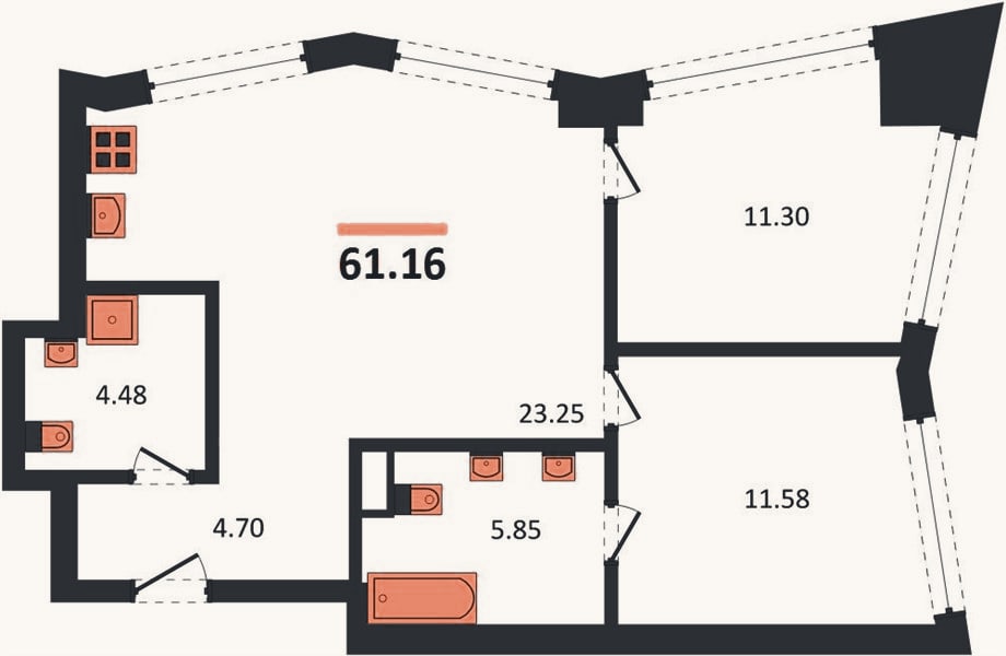 Планировка: 2-к, 61,2 м²
