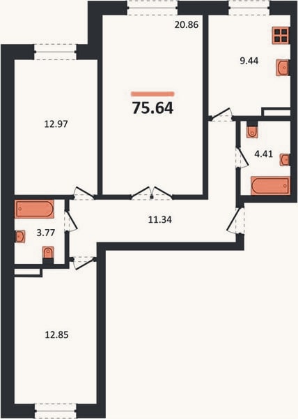 Планировка: 3-к, 75,6 м²