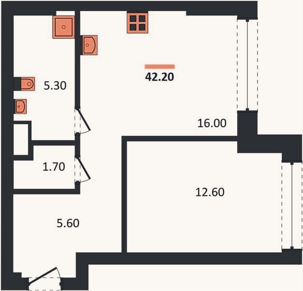 Планировка: 1-к, 42,2 м²