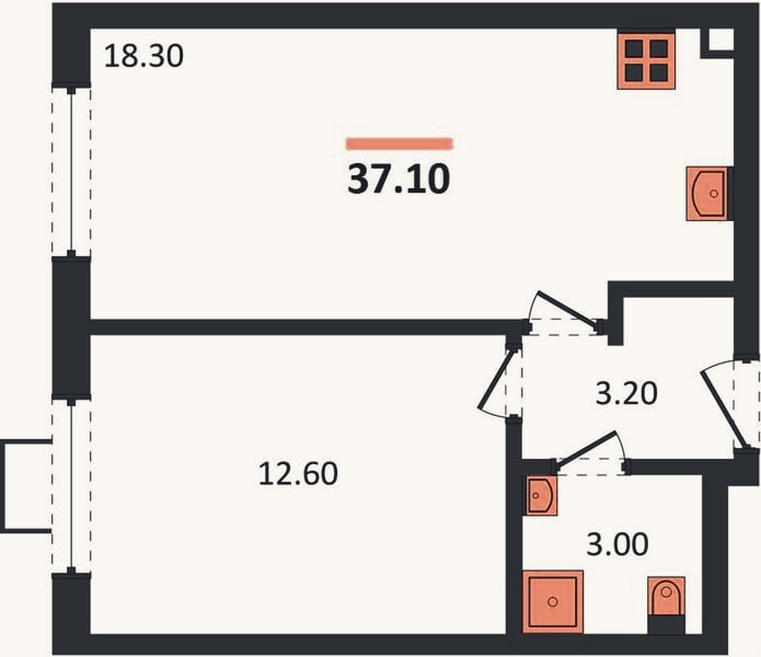 Планировка: 1-к, 37,1 м²