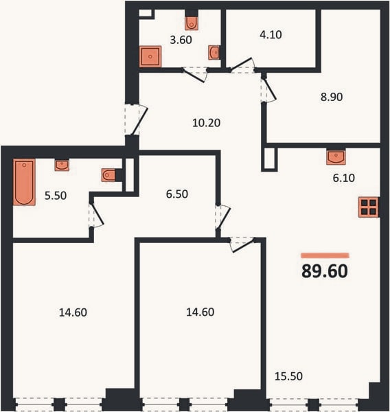 Планировка: 2-к, 89,6 м²