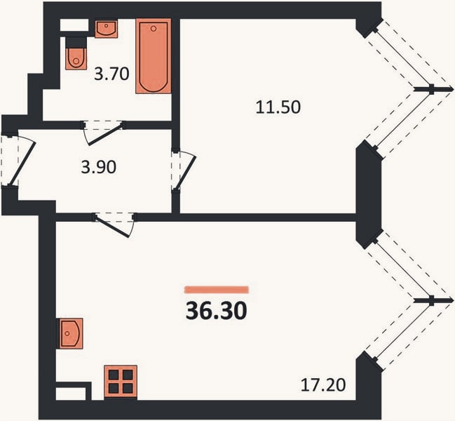 Планировка: 1-к, 36,3 м²