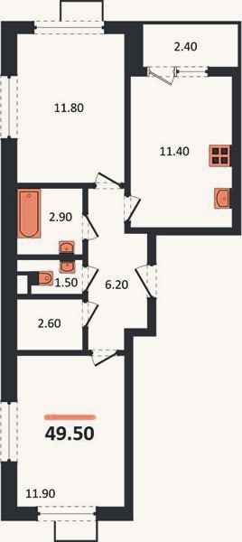 Планировка: 2-к, 49,5 м²