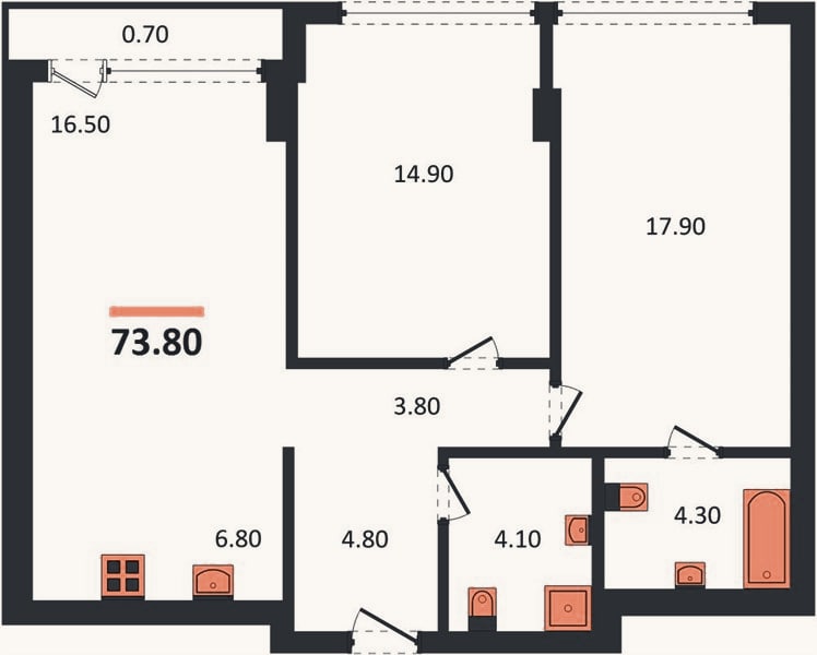 Планировка: 2-к, 73,8 м²