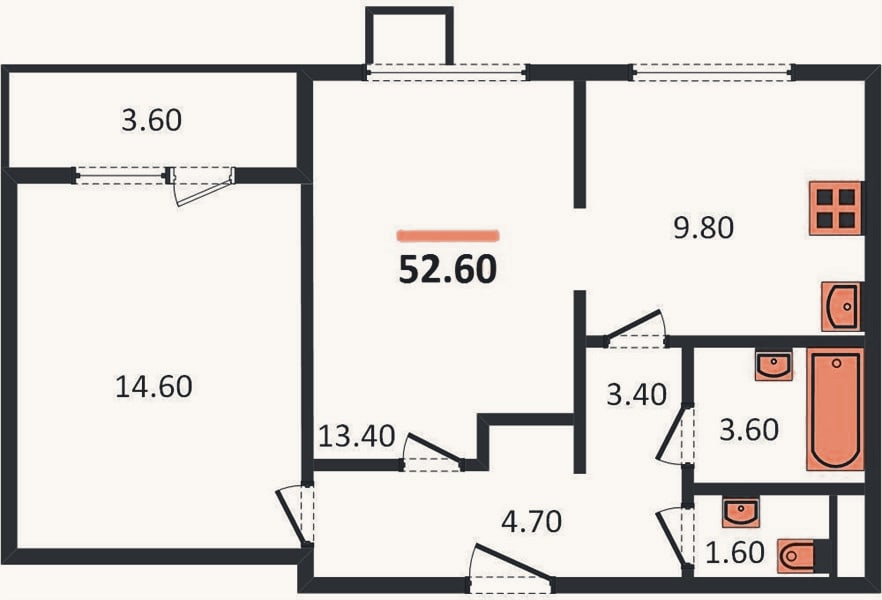 Планировка: 2-к, 52,6 м²