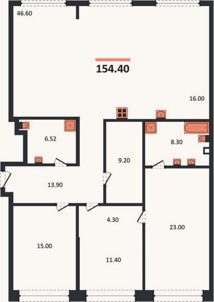 Планировка: 2-к, 154,4 м²