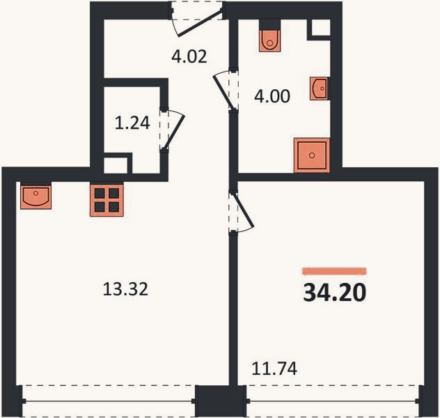 Планировка: 1-к, 34,2 м²