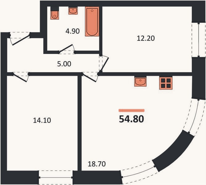 Планировка: 2-к, 54,8 м²