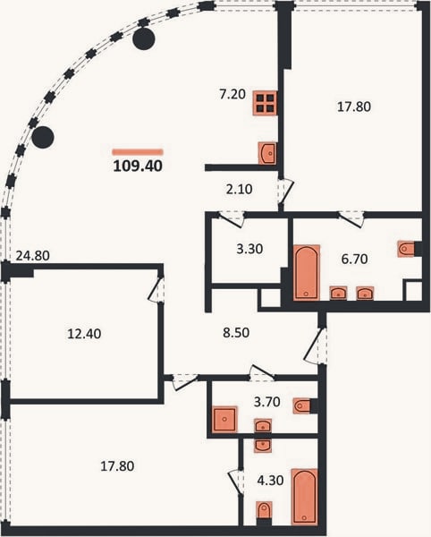 Планировка: 3-к, 109,4 м²