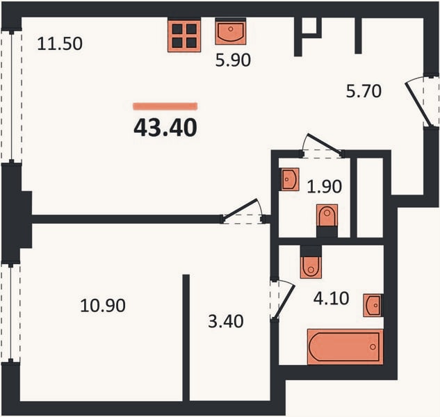 Планировка: 1-к, 43,4 м²