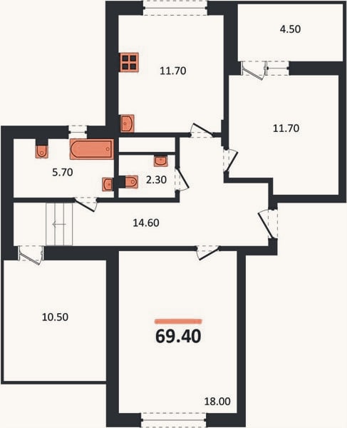 Планировка: 2-к, 69,4 м²
