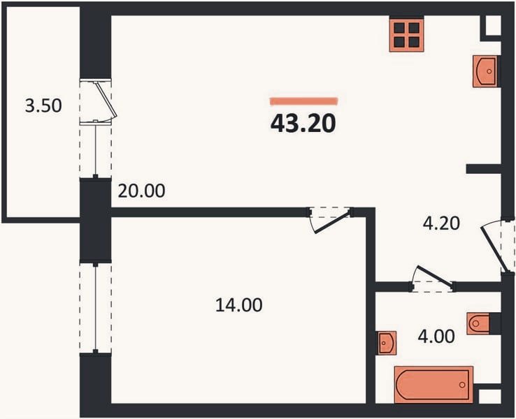 Планировка: 1-к, 43,3 м²