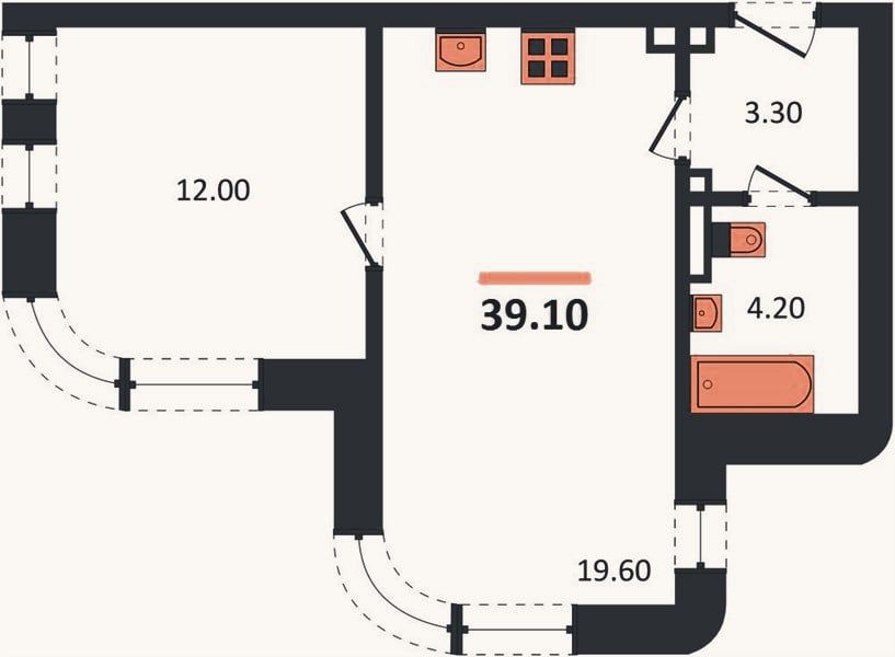 Планировка: 1-к, 39,1 м²