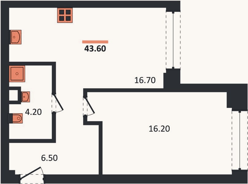 Планировка: 1-к, 43,6 м²