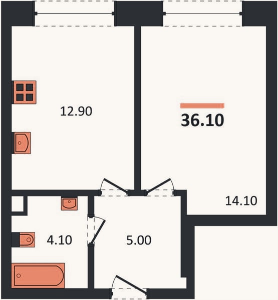 Планировка: 1-к, 36,1 м²