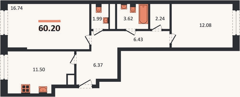 Планировка: 2-к, 60,2 м²