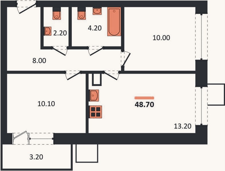 Планировка: 2-к, 48,7 м²