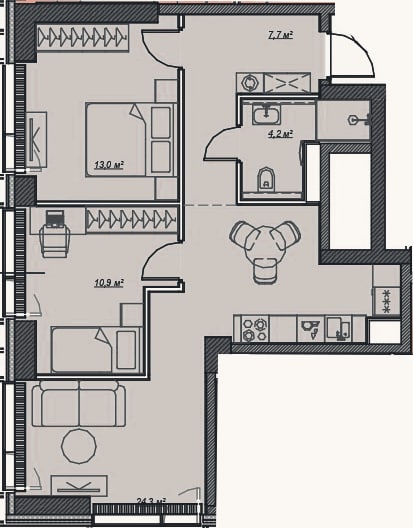 Планировка: 2-к, 60,2 м²