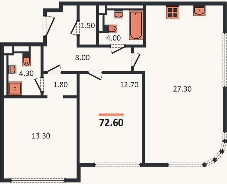 Планировка: 2-к, 72,6 м²