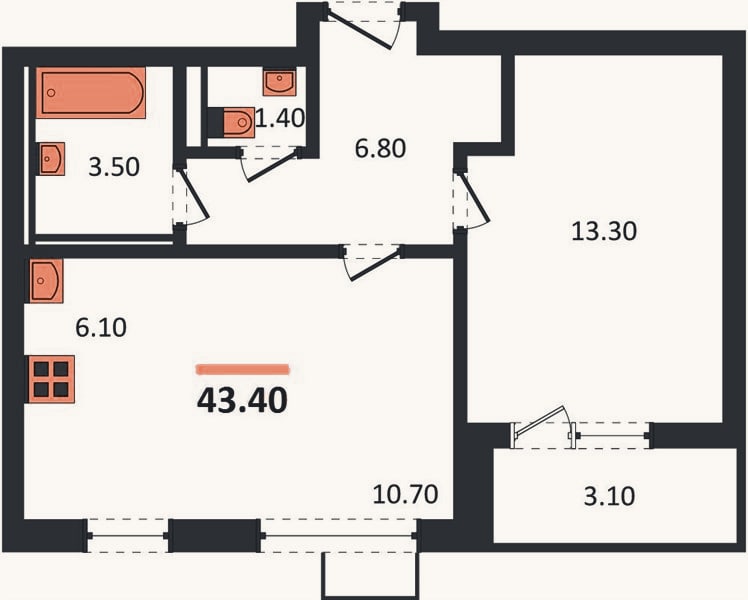 Планировка: 1-к, 43,4 м²